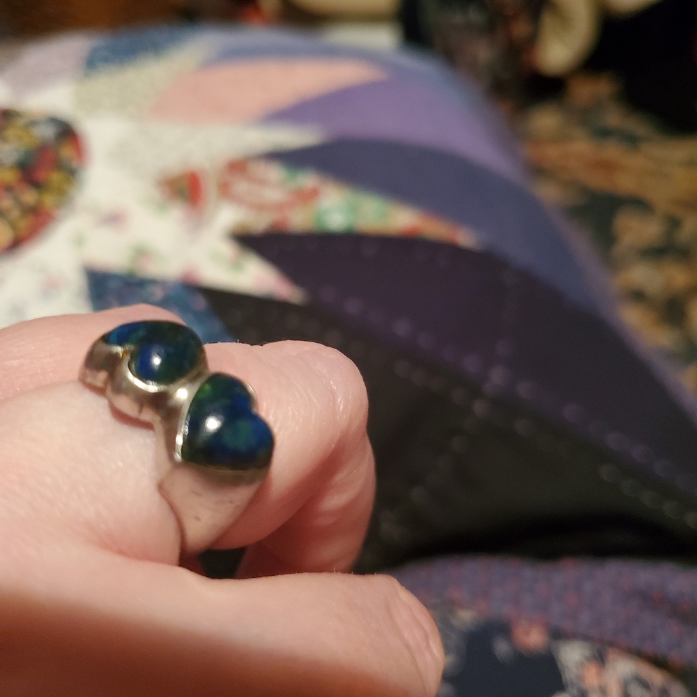 Vintage Sterling Silver Double Heart Genuine Lapis Stone Ring